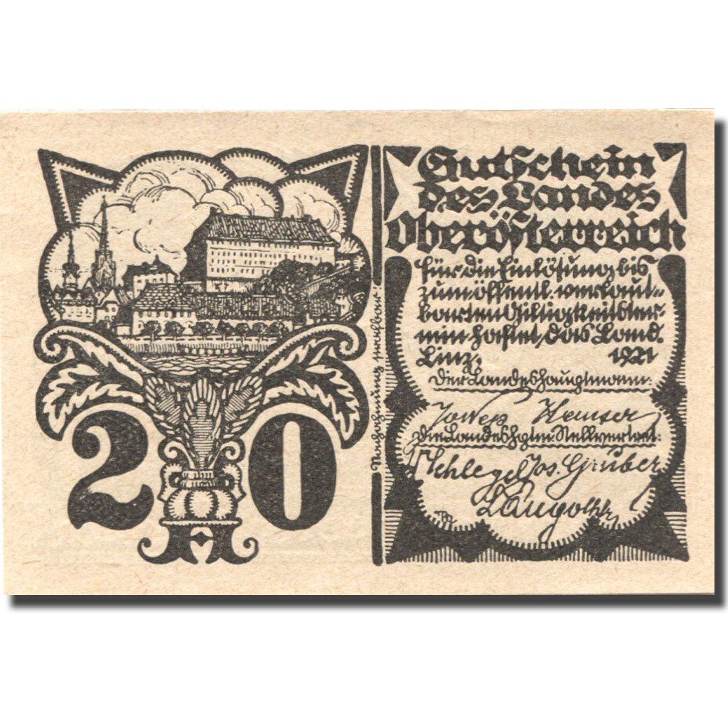 Billete, Austria, Linz, 20 Heller, château, SC, Mehl:FS 443