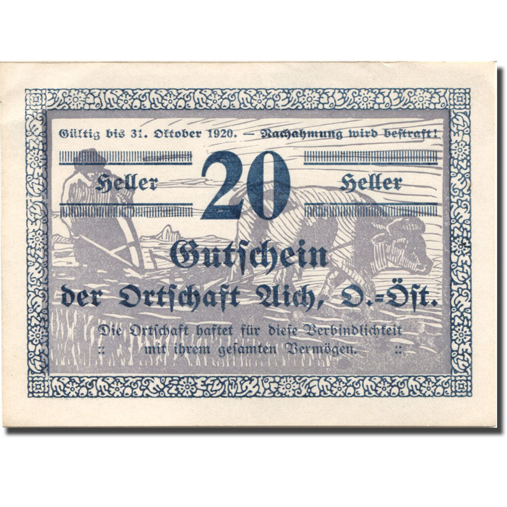 Banknote, Austria, Aich, 20 Heller, agriculteur, 1920 UNC(63) Mehl:FS 10a