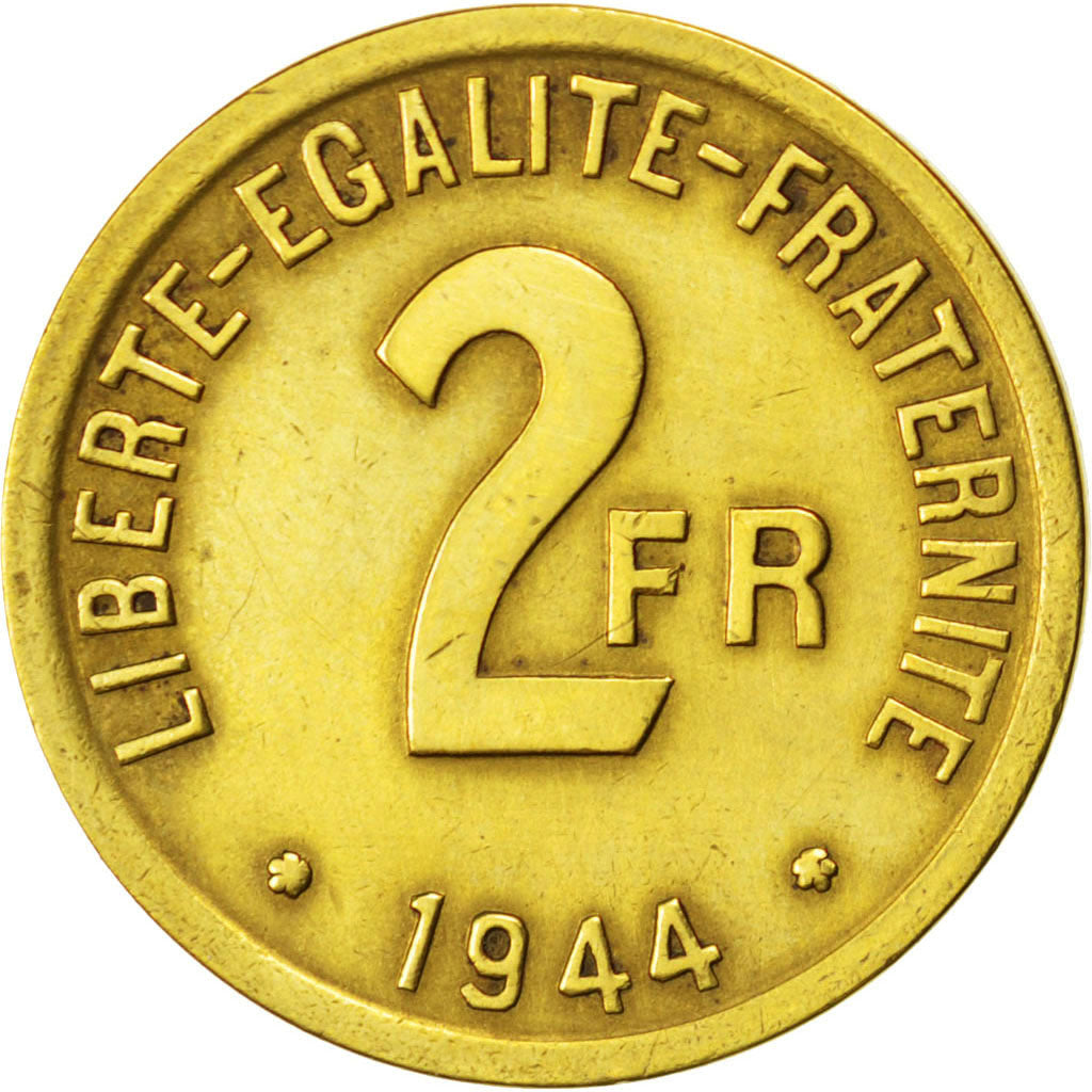 FRANCE, France Libre, 2 Francs, 1944, Philadelphia, KM #905, VF(30-35), Brass,..