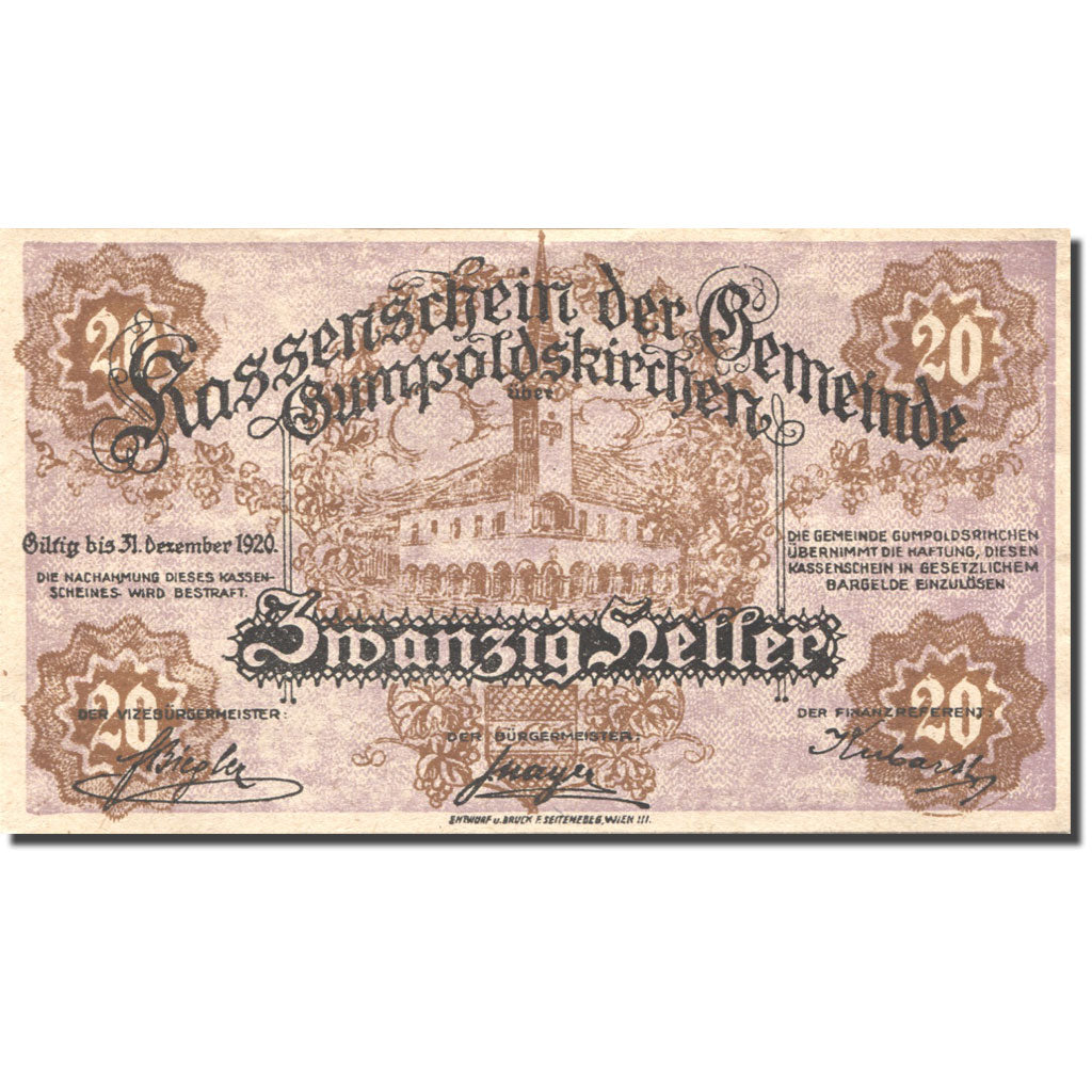 Banknote, Austria, Gumpoldskirchen, 20 Heller 1920 UNC(63) Mehl:FS 308a