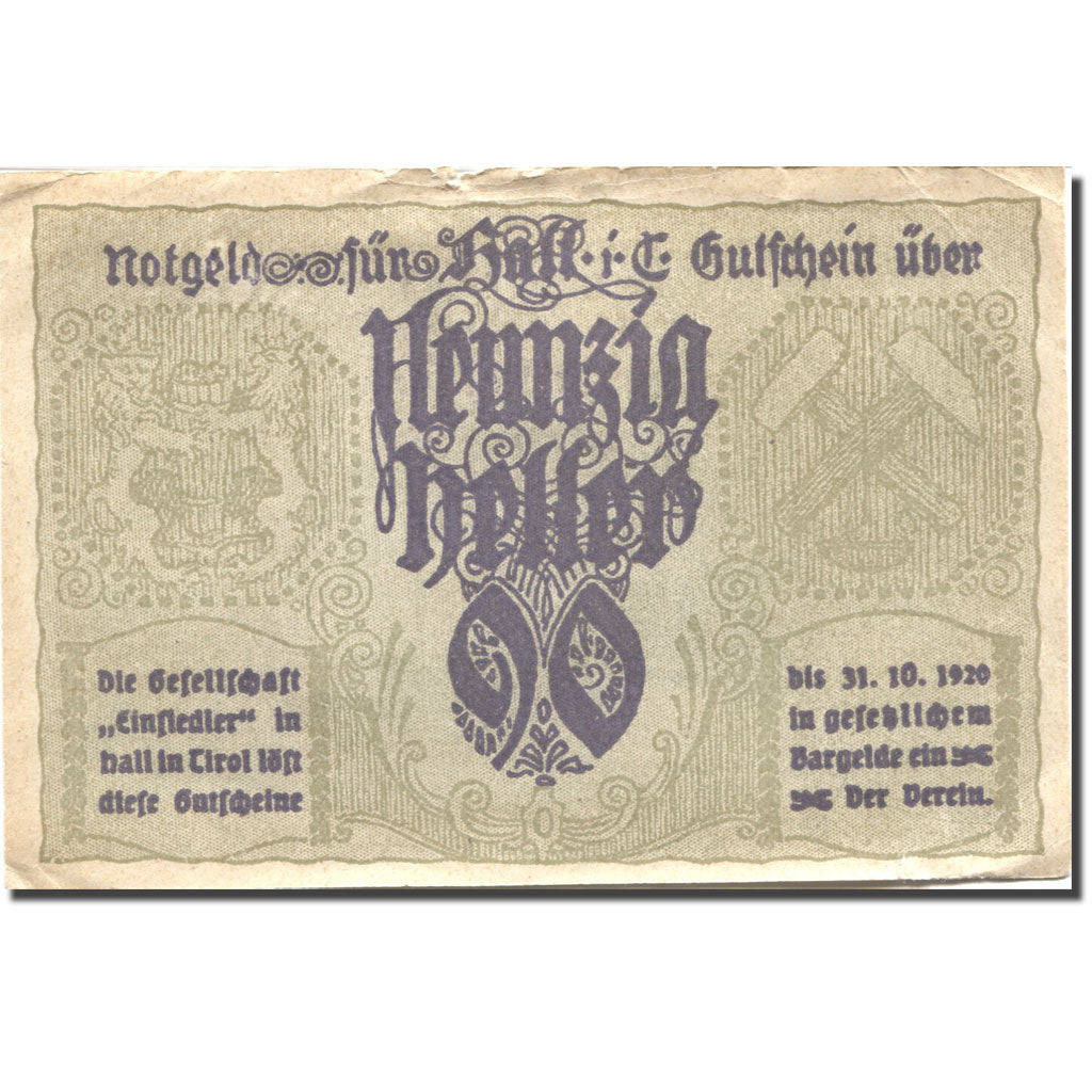 Banknote, Austria, Hall, 90 Heller, rue, 1920 VF(20-25), Mehl:FS 343a