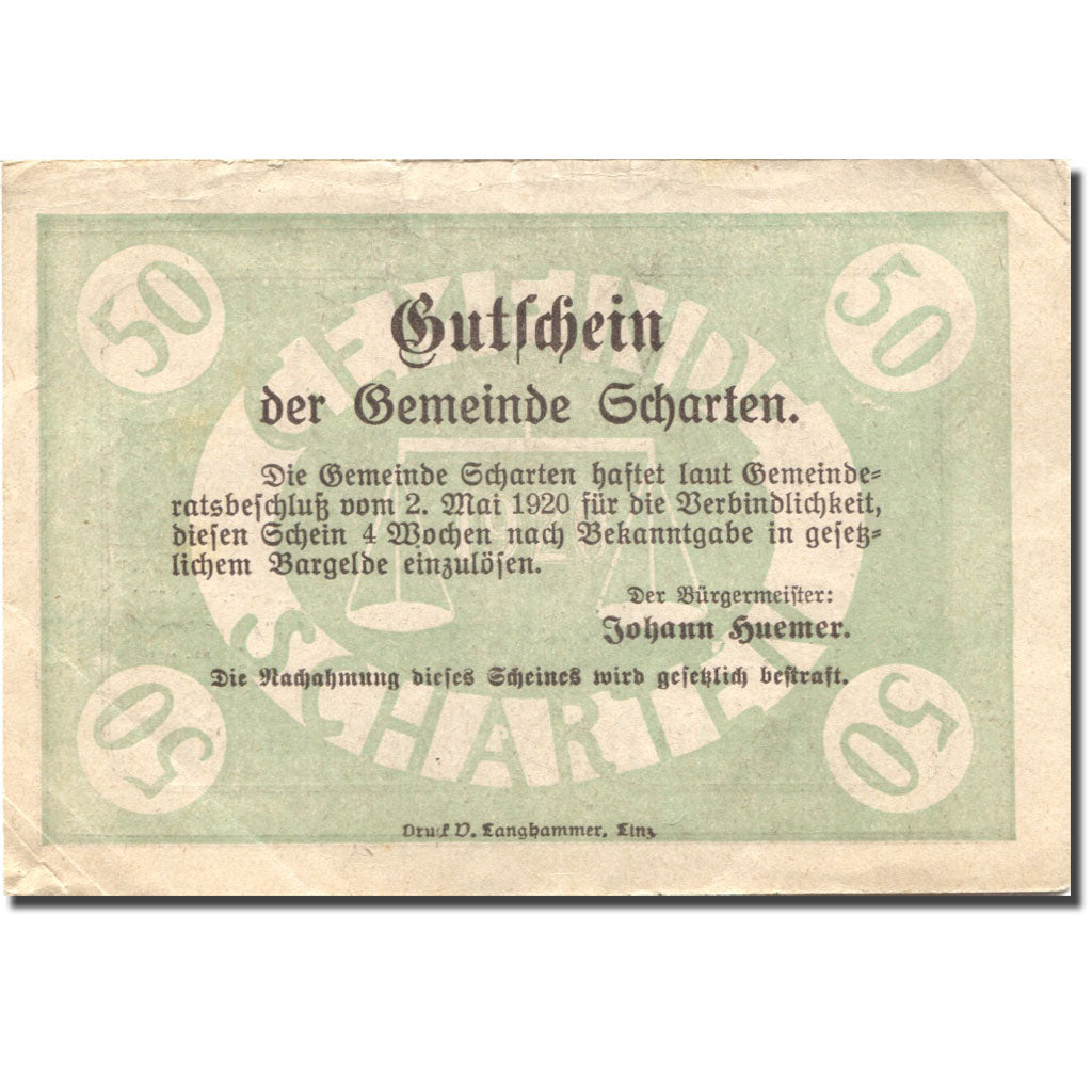 Banknote, Austria, Scharten, 50 Heller, village, 1920 EF(40-45) Mehl:FS 955f
