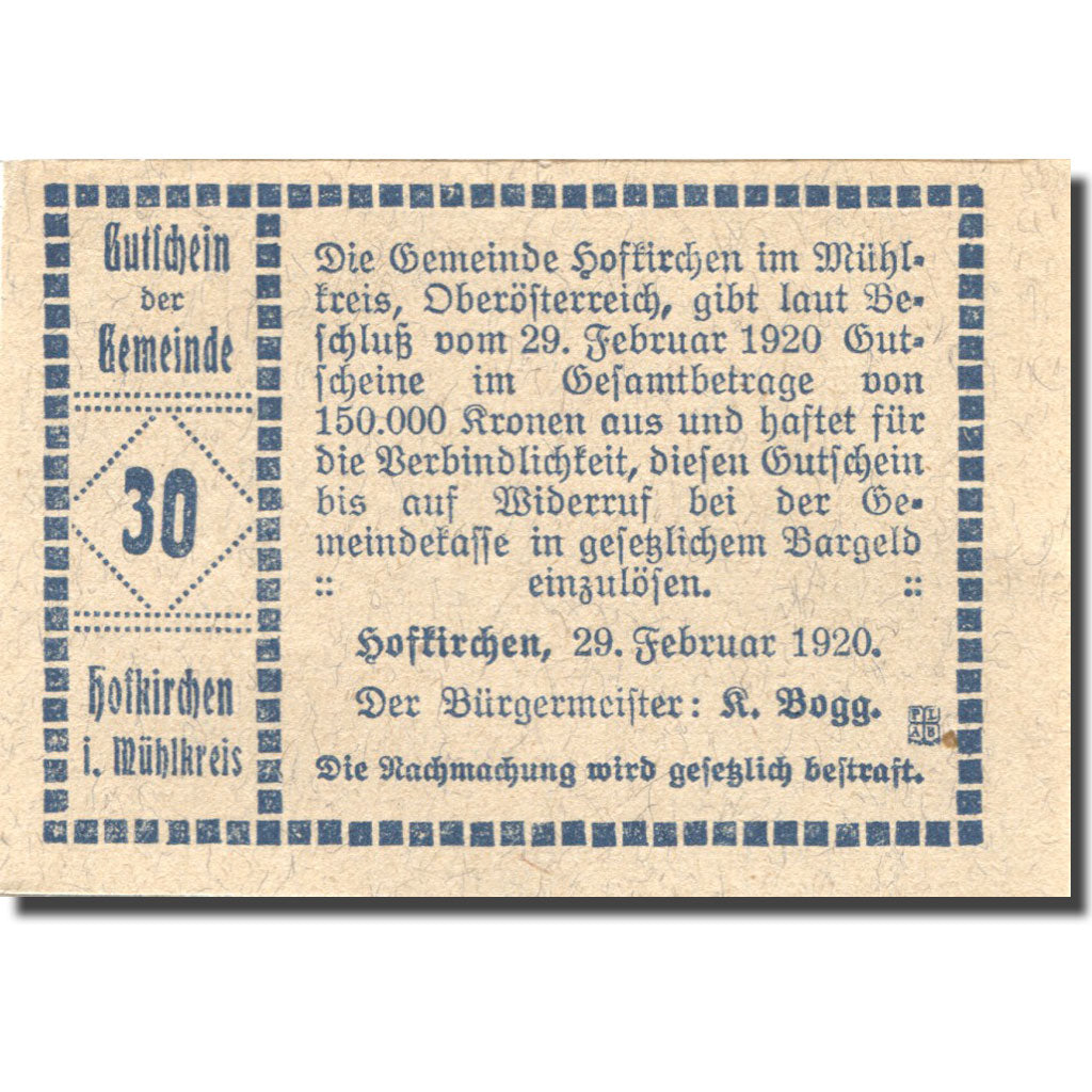 Banknote, Austria, Hofkirchen, 30 Heller, château, 1920 UNC(63) Mehl:FS 386Ib1