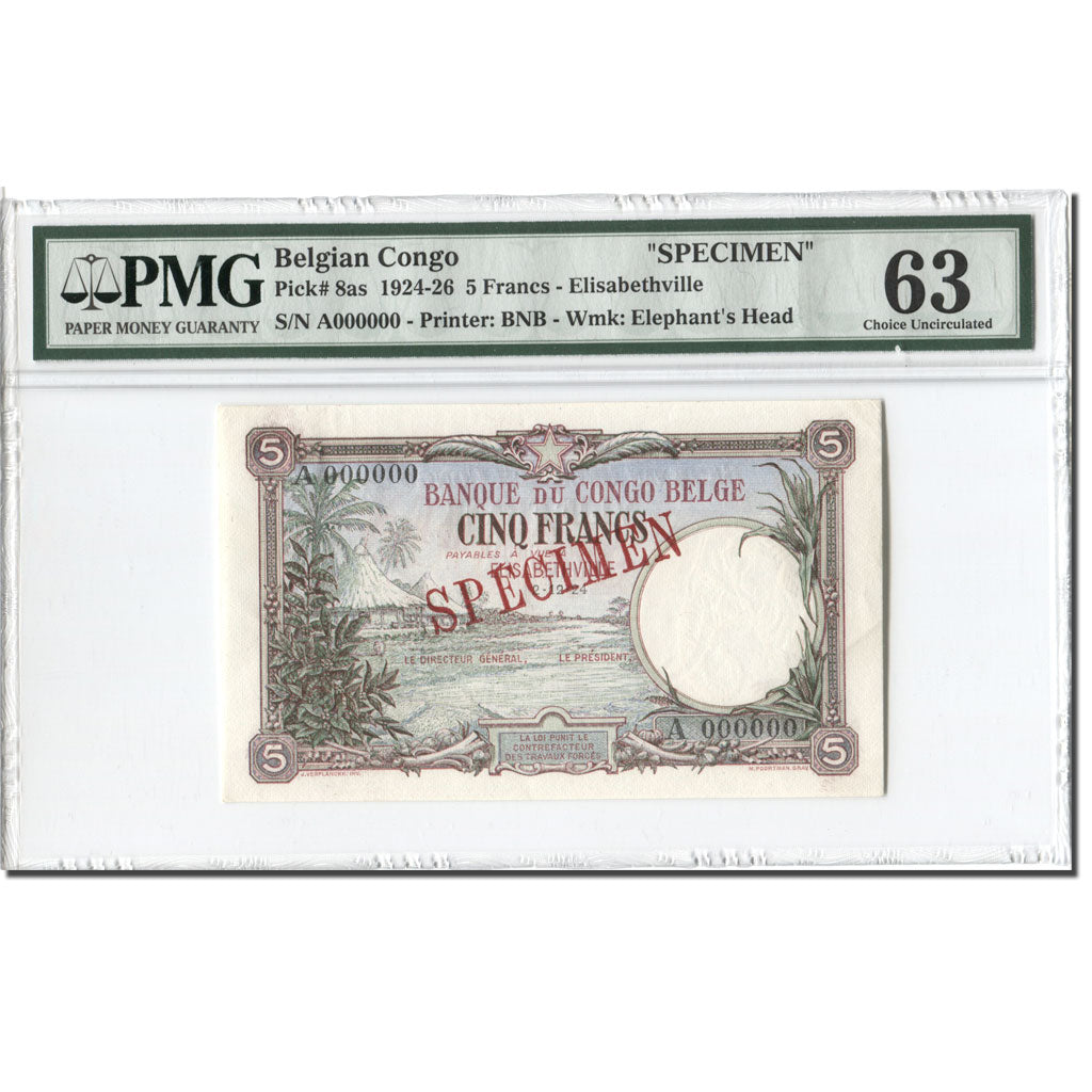 Banknote, Belgian Congo, 5 Francs, 1924, 1924-12-02, Specimen, KM:8a, graded