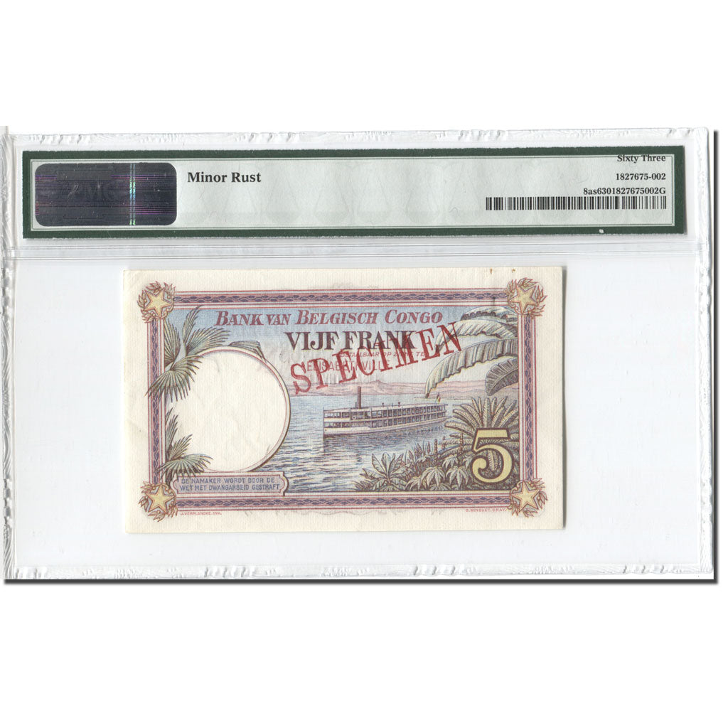 Banknote, Belgian Congo, 5 Francs, 1924, 1924-12-02, Specimen, KM:8a, graded