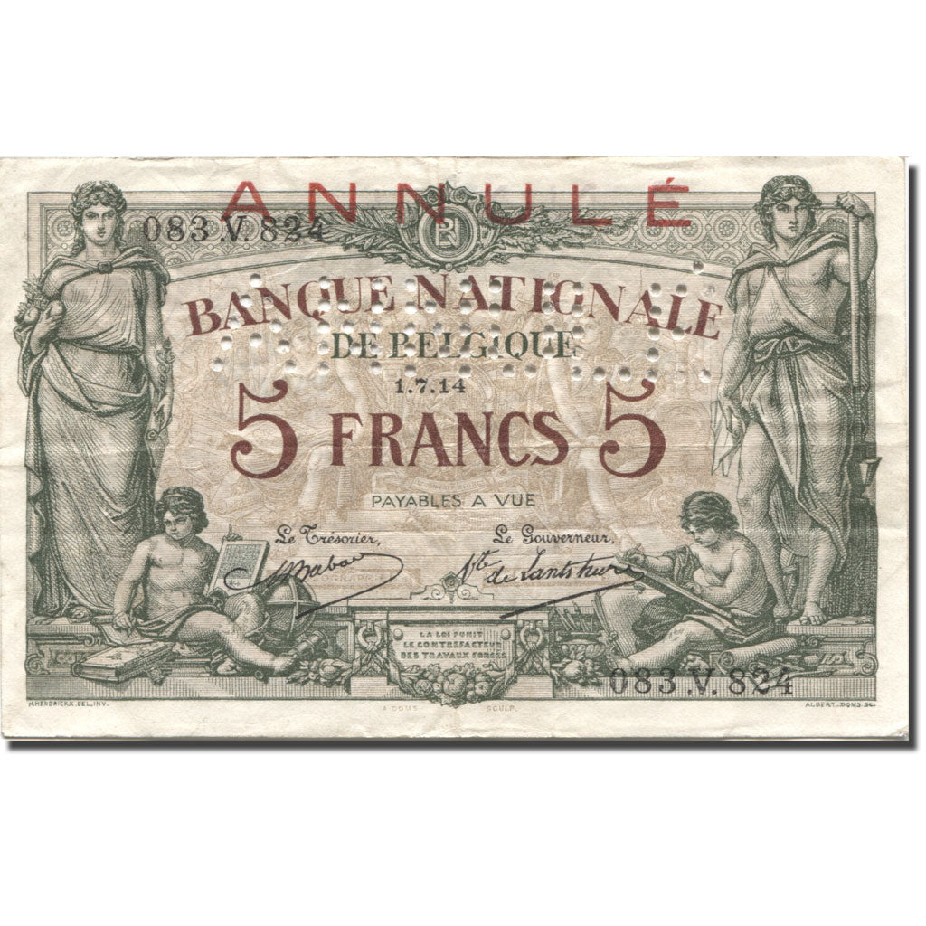 Banknote, Belgium, 5 Francs, 1914, 1914-07-01, ANNULÉ, KM:75a, EF(40-45)