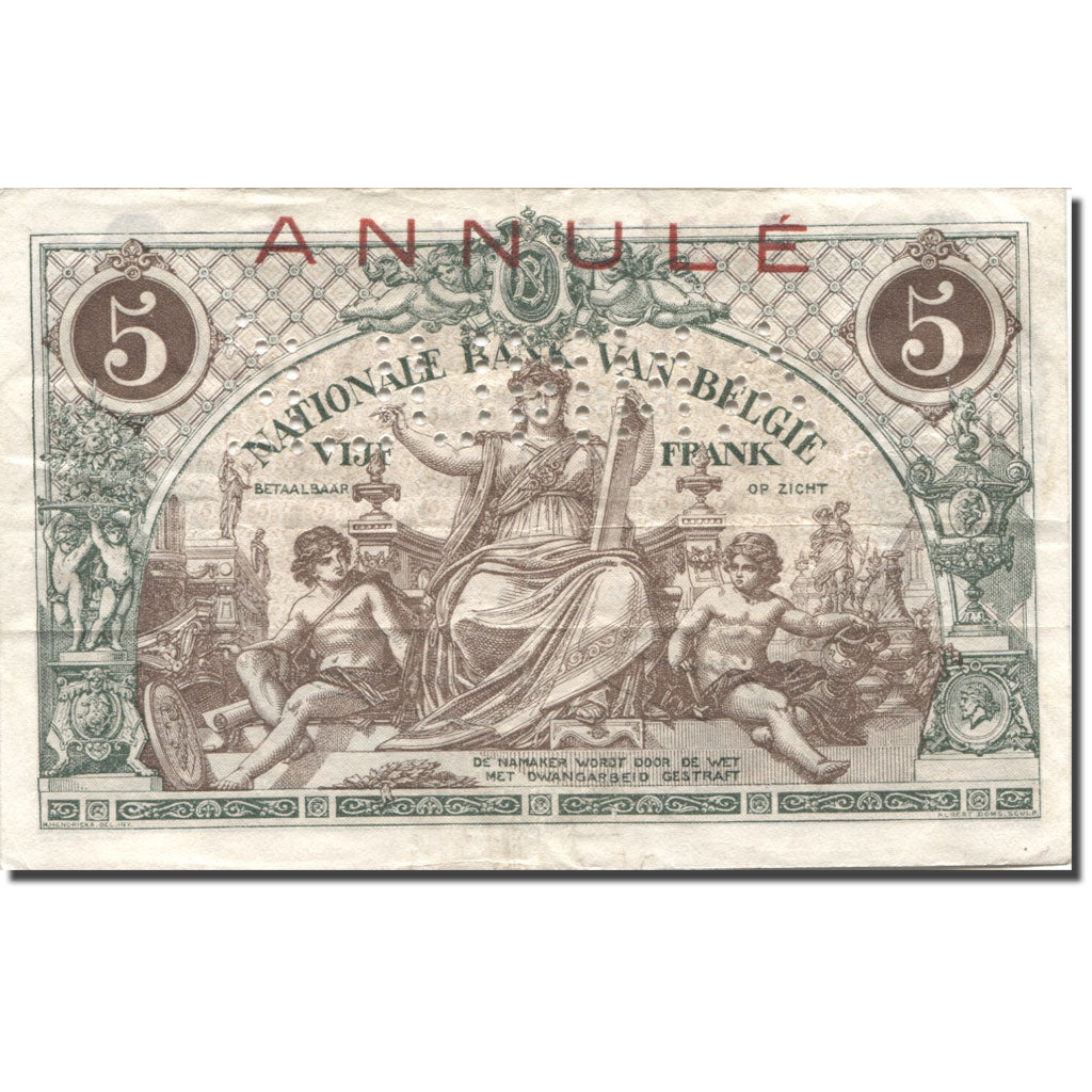 Banknote, Belgium, 5 Francs, 1914, 1914-07-01, ANNULÉ, KM:75a, EF(40-45)