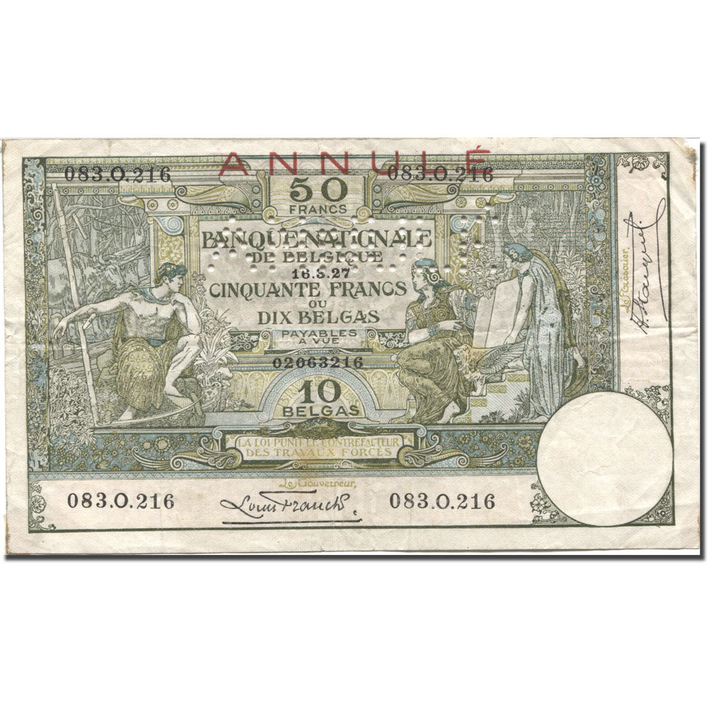 Billet, Belgique, 50 Francs-10 Belgas, 1927, 1927-03-16, ANNULÉ, KM:99, TB