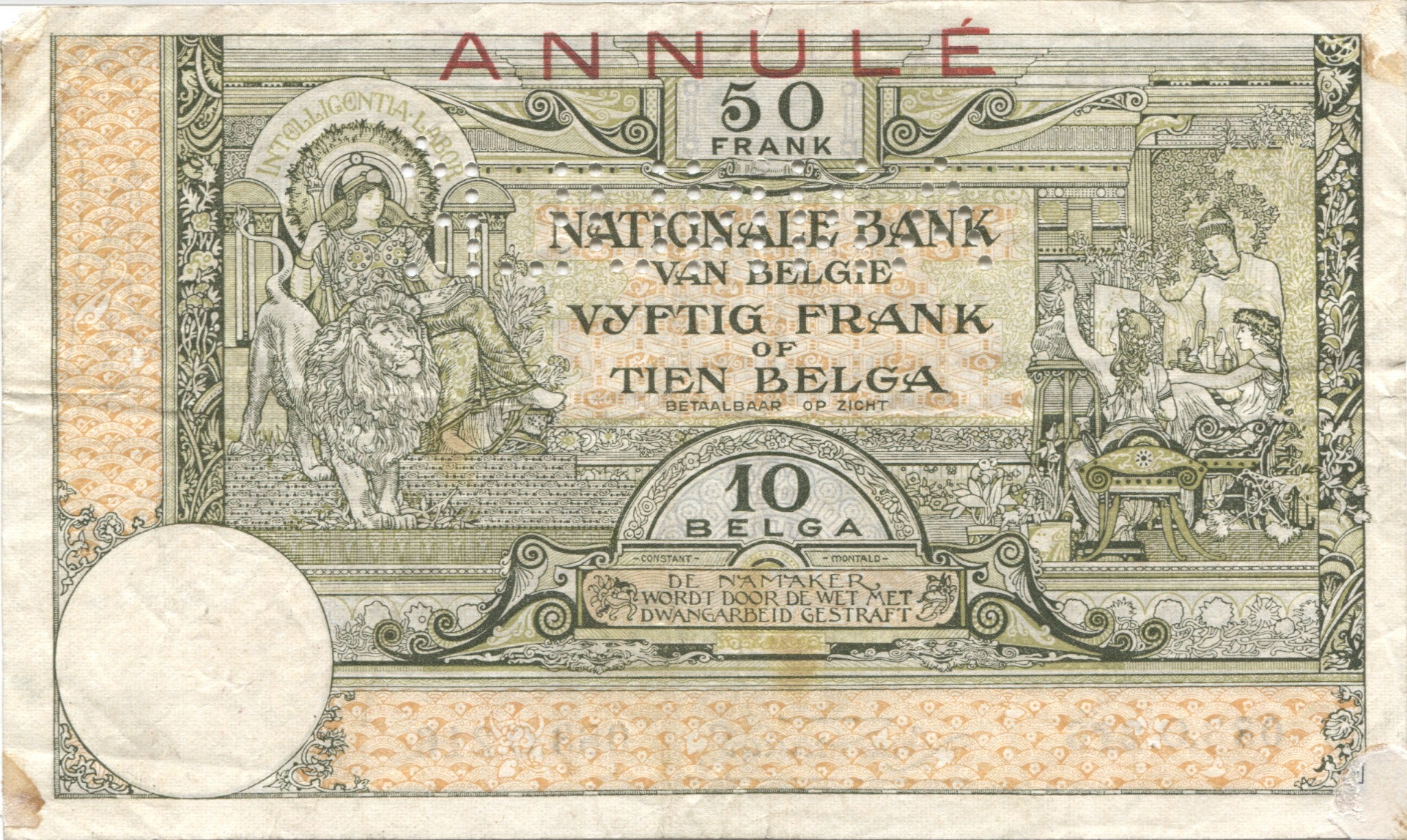 Billet, Belgique, 50 Francs-10 Belgas, 1927, 1927-03-16, ANNULÉ, KM:99, TB
