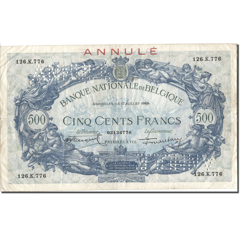 Banknote, Belgium, 500 Francs, 1925, 1925-07-27, ANNULÉ, KM:72b, VF(30-35)