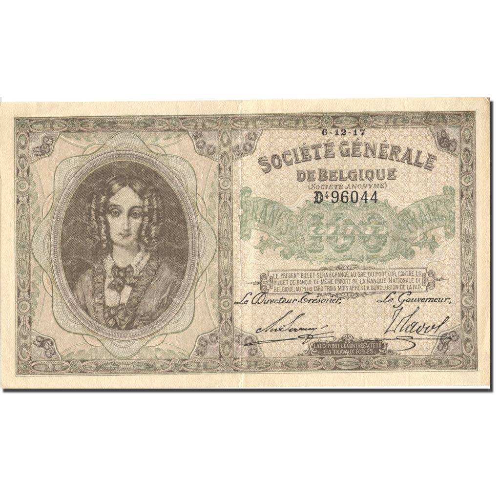 Banknote, Belgium, 100 Francs, 1917, 1917-12-06, KM:90, UNC(60-62)
