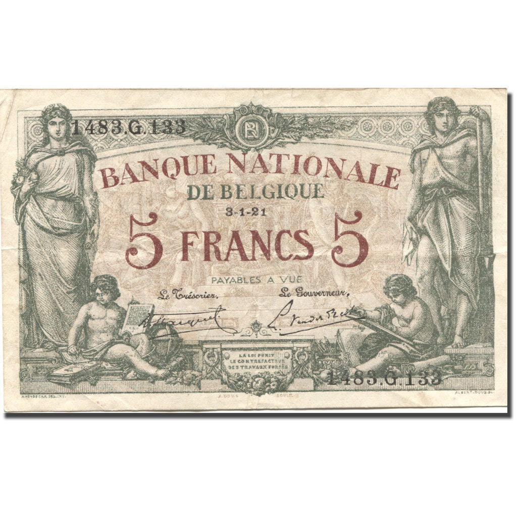 Banknote, Belgium, 5 Francs, 1921, 1921-01-03, KM:75b, EF(40-45)