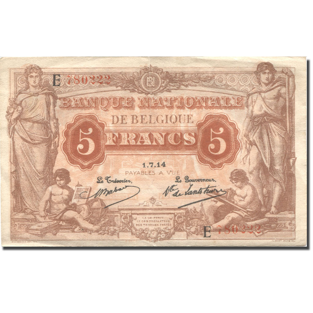 Banknote, Belgium, 5 Francs, 1914, 1914-07-01, KM:74a, AU(50-53)