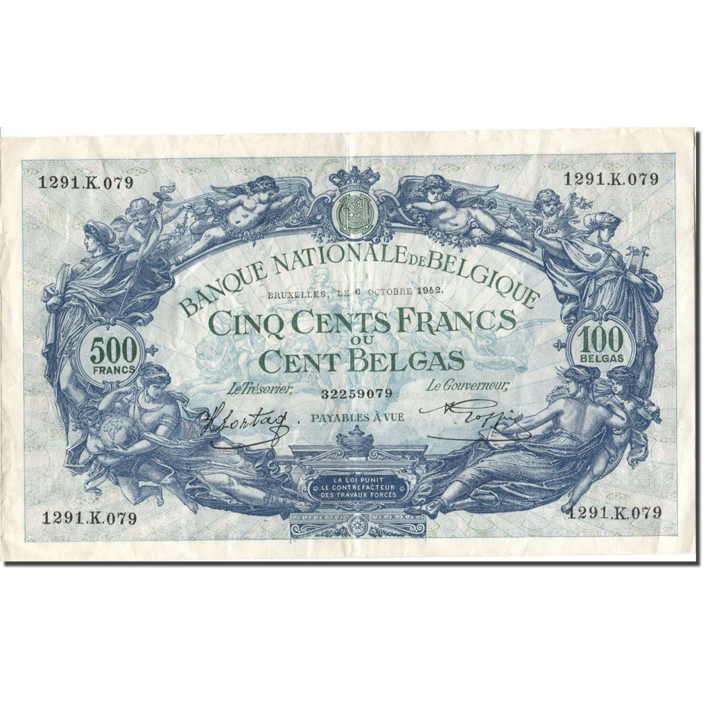 Billet, Belgique, 500 Francs-100 Belgas, 1942, 1942-10-06, KM:109, TTB