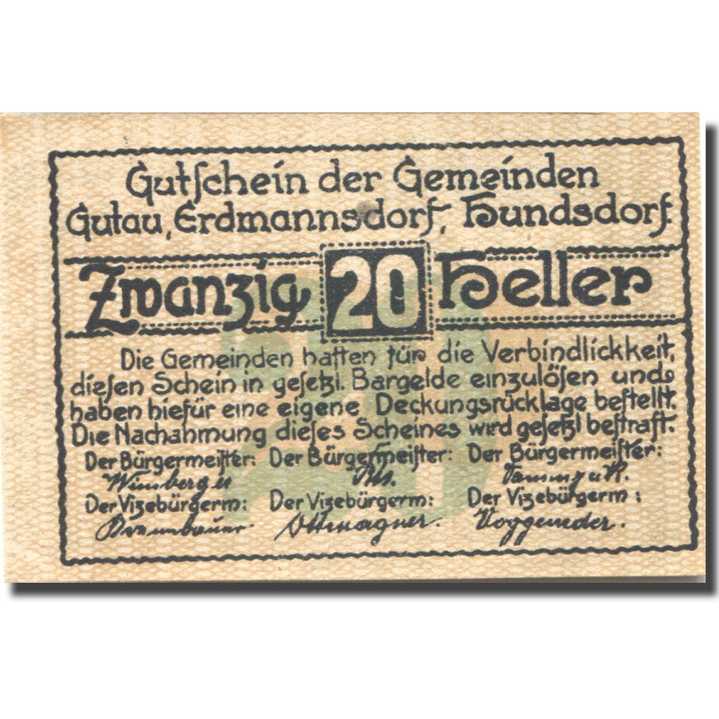 Banknote, Austria, Gutau, 20 Heller, Eglise 1920-12-31, UNC(63), Mehl:FS 212a
