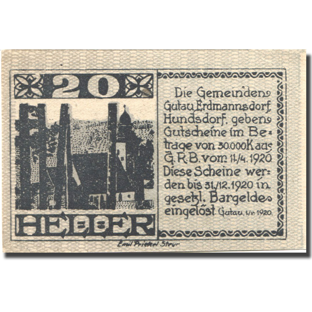 Banknote, Austria, Gutau, 20 Heller, Eglise 1920-12-31, UNC(63), Mehl:FS 212a