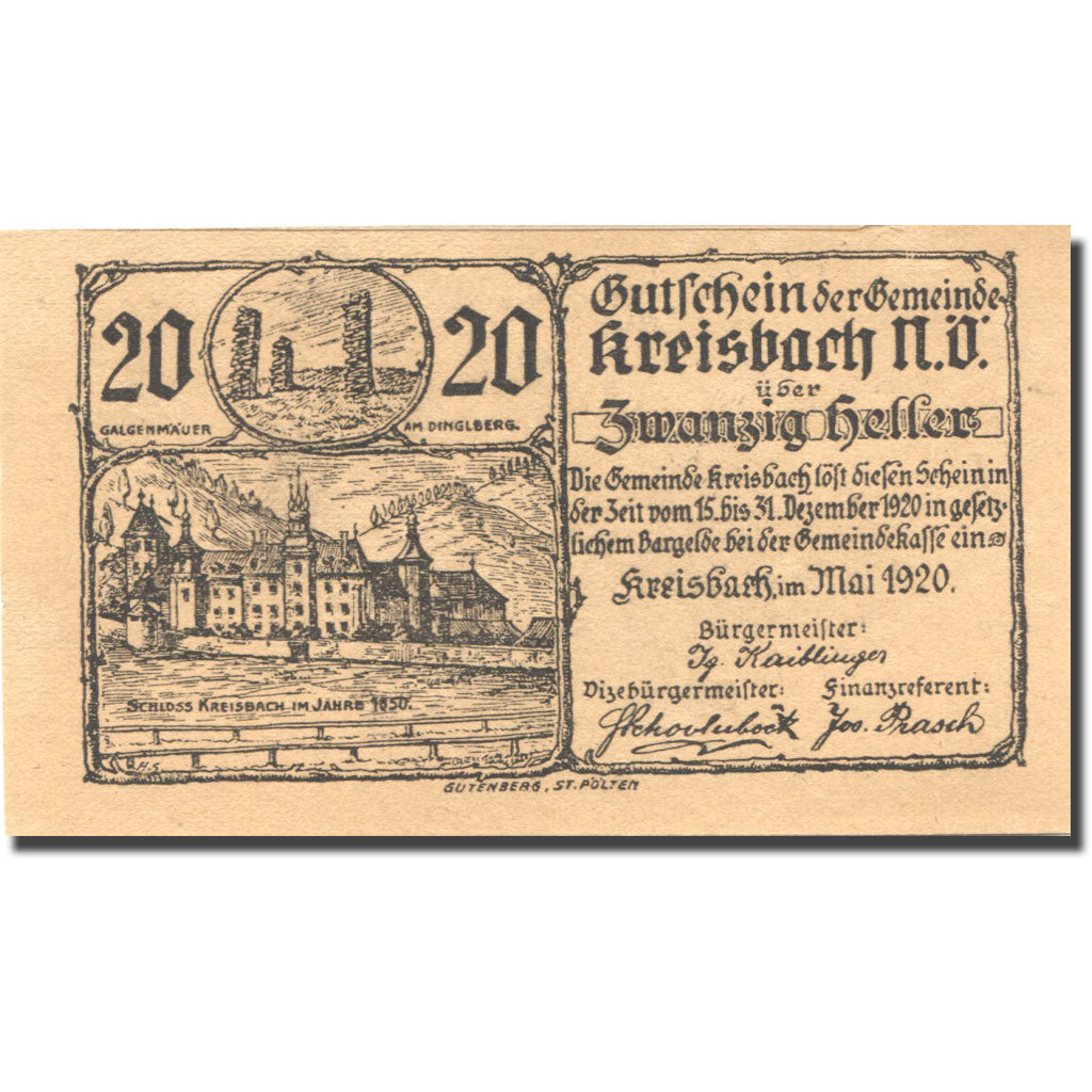 Billet, Autriche, Kreisbach, 20 Heller, château 1, 1920 jaune SPL Mehl:FS 386