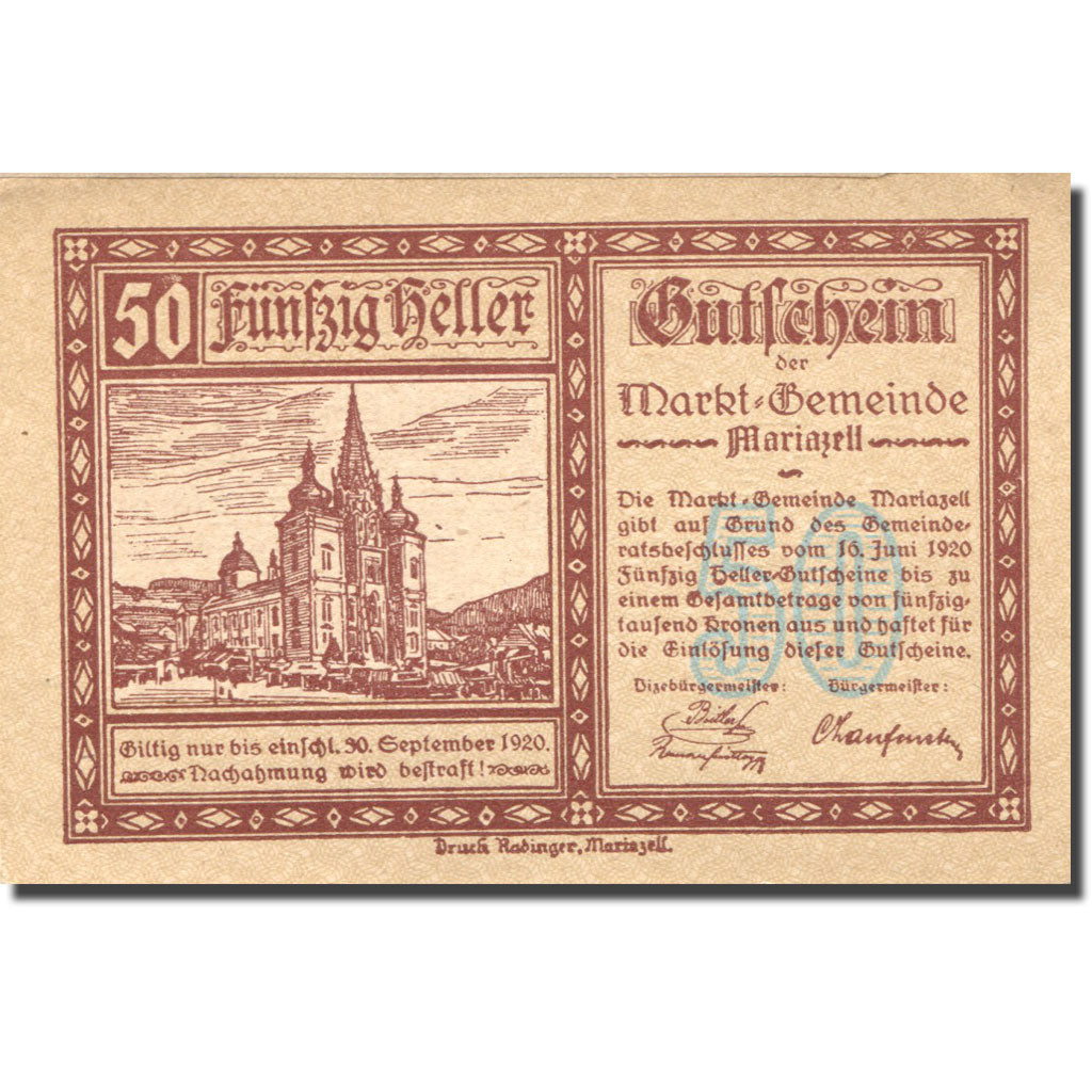 Banknote, Austria, Mariazell, 50 Heller, Eglise, 1920 UNC(63) Mehl:FS 146