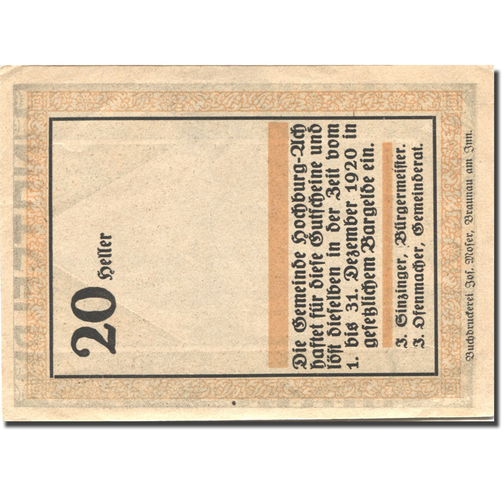 Banknote, Austria, Hochburg-Ach, 20 Heller, Eglise 1, 1920 UNC(63) Mehl:FS 62