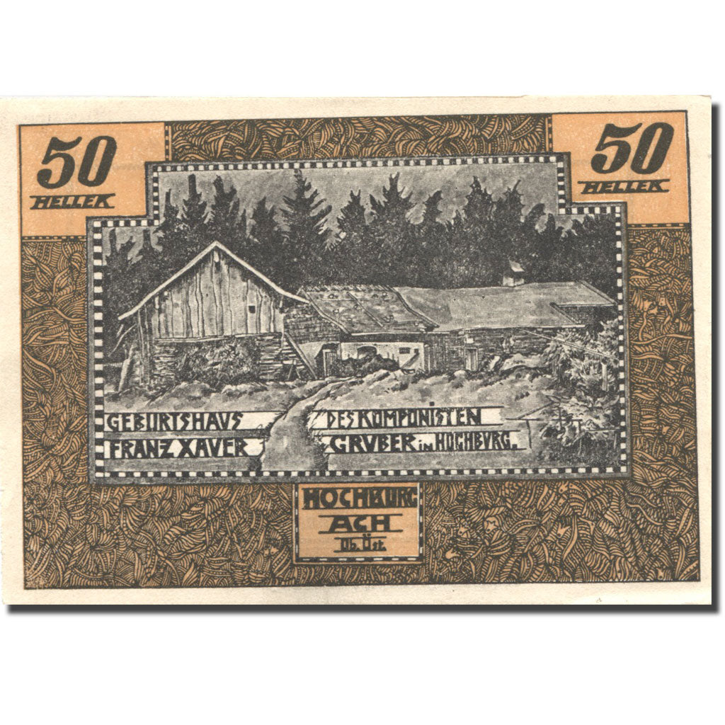 Billet, Autriche, Hochburg-Ach, 50 Heller, chalet 1, 1920 orange SPL Mehl:FS 62