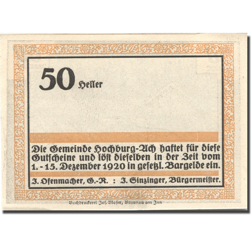 Billet, Autriche, Hochburg-Ach, 50 Heller, chalet 1, 1920 orange SPL Mehl:FS 62