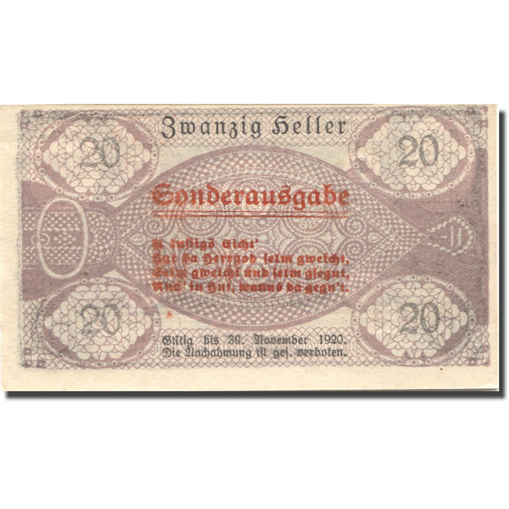 Banknote, Austria, Sonderausgabe, 20 Heller, château, 1920 UNC(63) Mehl:FS 938