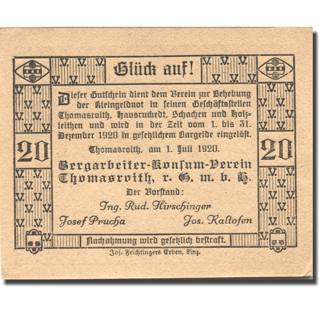 Banknote, Austria, Thomasroith, 20 Heller, Mineur, 1920 UNC(60-62) Mehl:FS 843