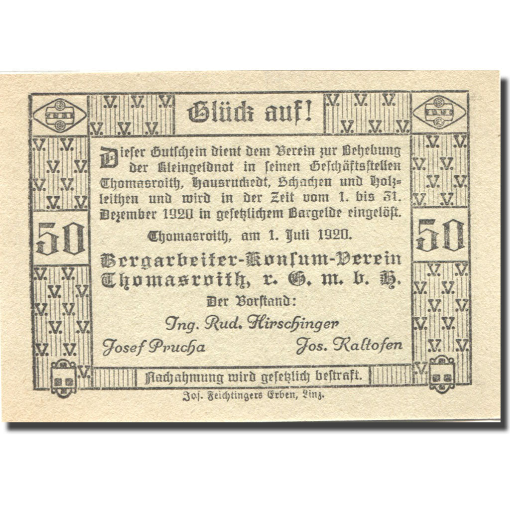 Billete, Austria, Thomasroith, 50 Heller, lutin 1920-12-31, SC,  Mehl:FS 843