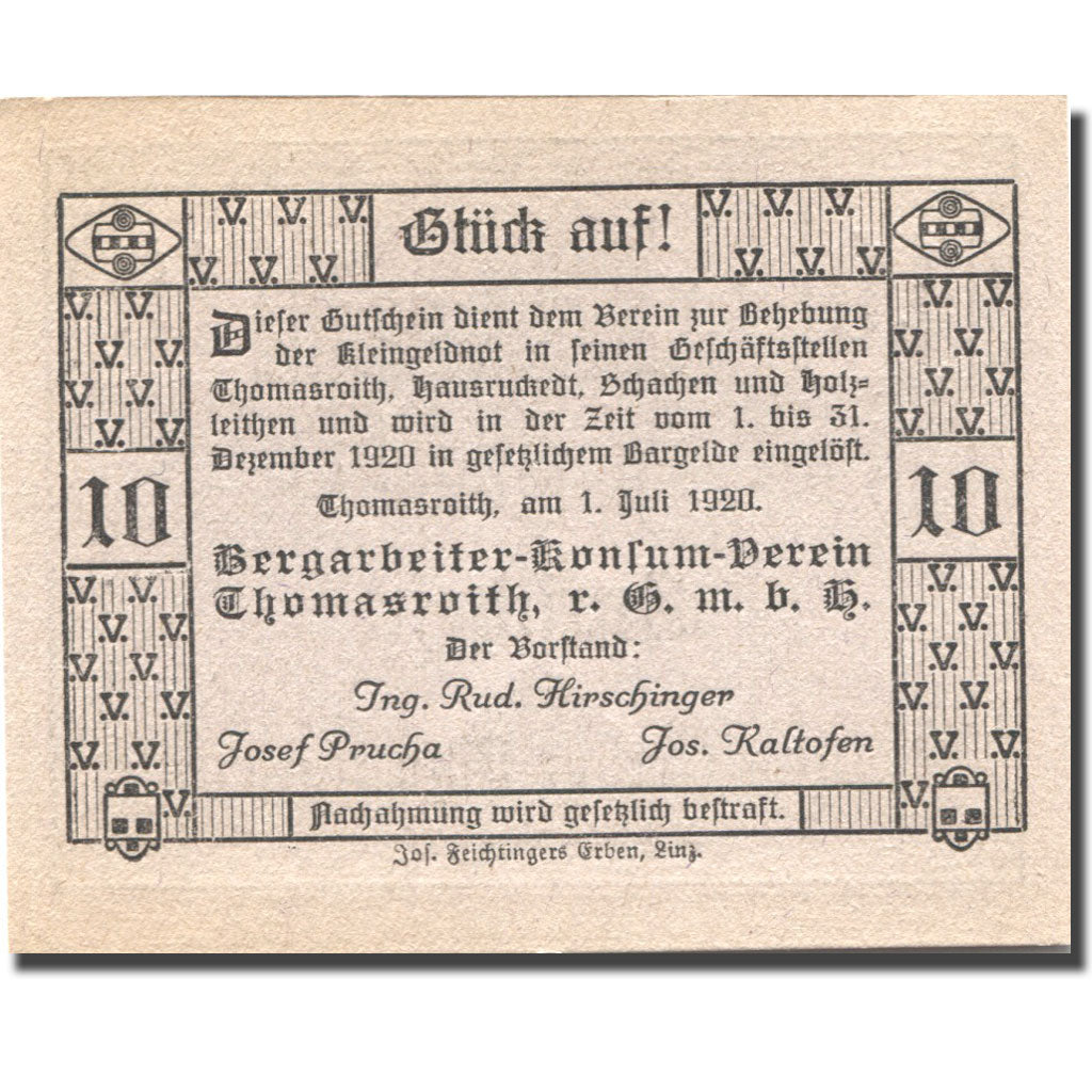 Billete, Austria, Thomasroith, 10 Heller, Mine 1920-12-31, SC, Mehl:FS 843