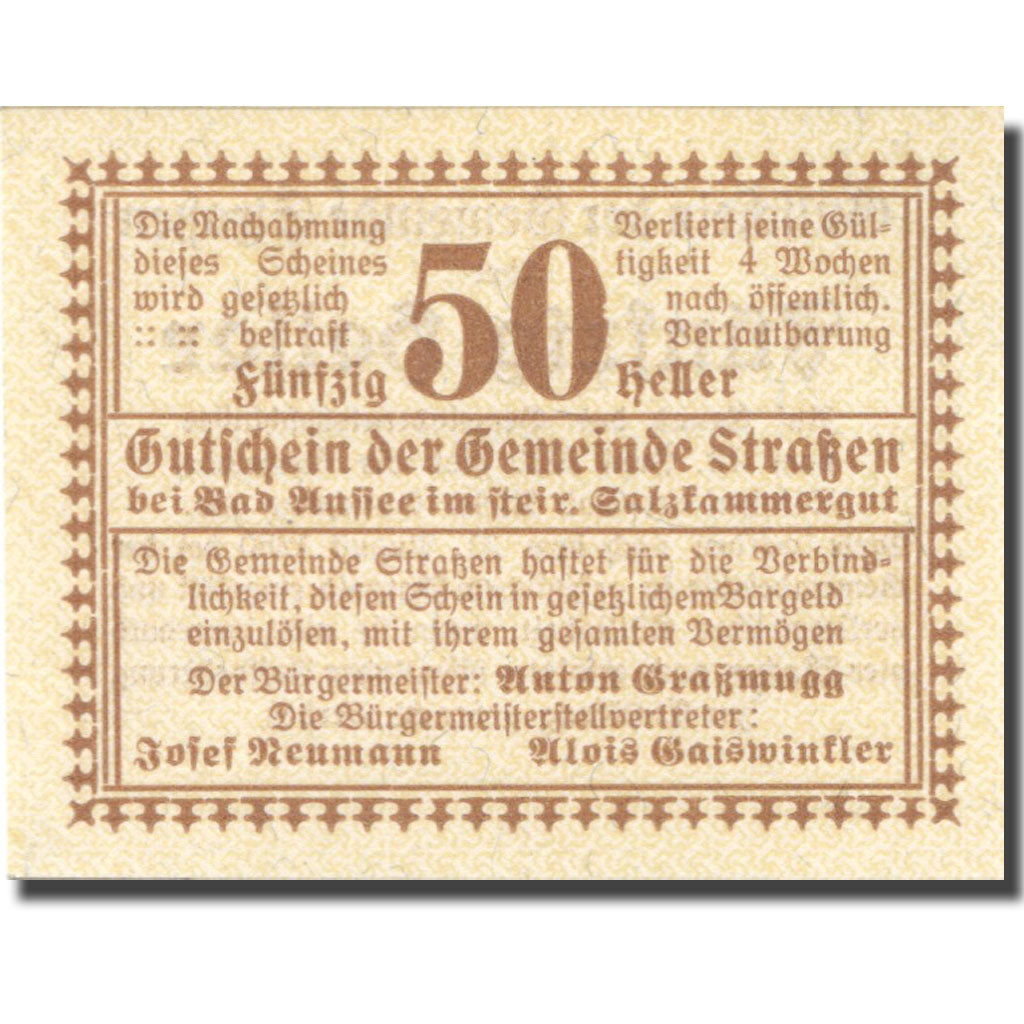 Banconote, Austria, Strassen, 50 Heller, valeur faciale, 1920 SPL Mehl:FS 73