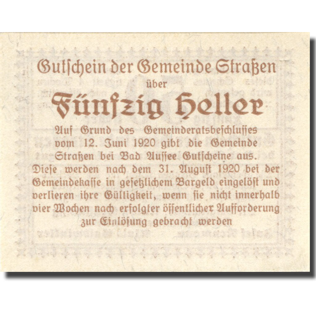 Banconote, Austria, Strassen, 50 Heller, valeur faciale, 1920 SPL Mehl:FS 73