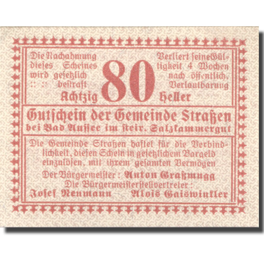 Banknote, Austria, Strassen, 80Heller, valeur faciale 1, 1920 UNC(63) Mehl:FS 73