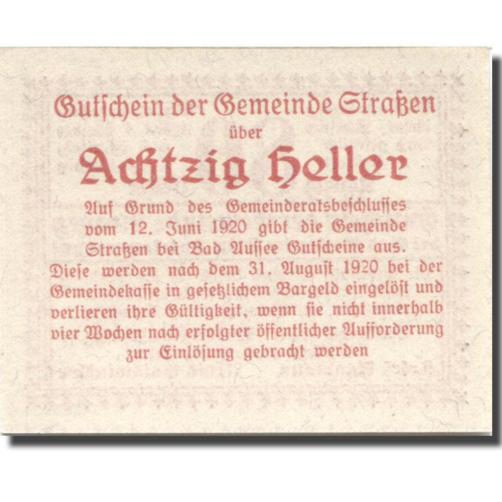 Banknote, Austria, Strassen, 80Heller, valeur faciale 1, 1920 UNC(63) Mehl:FS 73