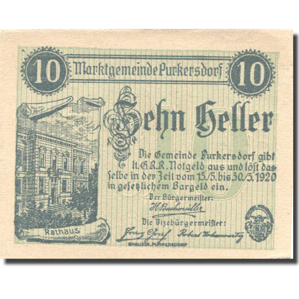 Banknote, Austria, Purkersdorf, 10 Heller, mairie, 1920 UNC(63) Mehl:FS 801b