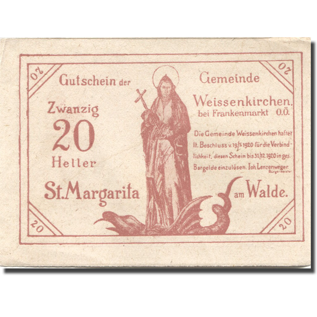 Billet, Autriche, Weissenkirchen, 20 Heller, personnage, 1920 SUP Mehl:FS 1157I