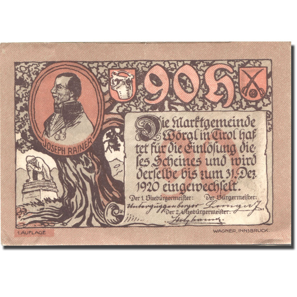 Banknote, Austria, Wörgl, 90 Heller, personnage, 1920 UNC(63) Mehl:FS 1252a