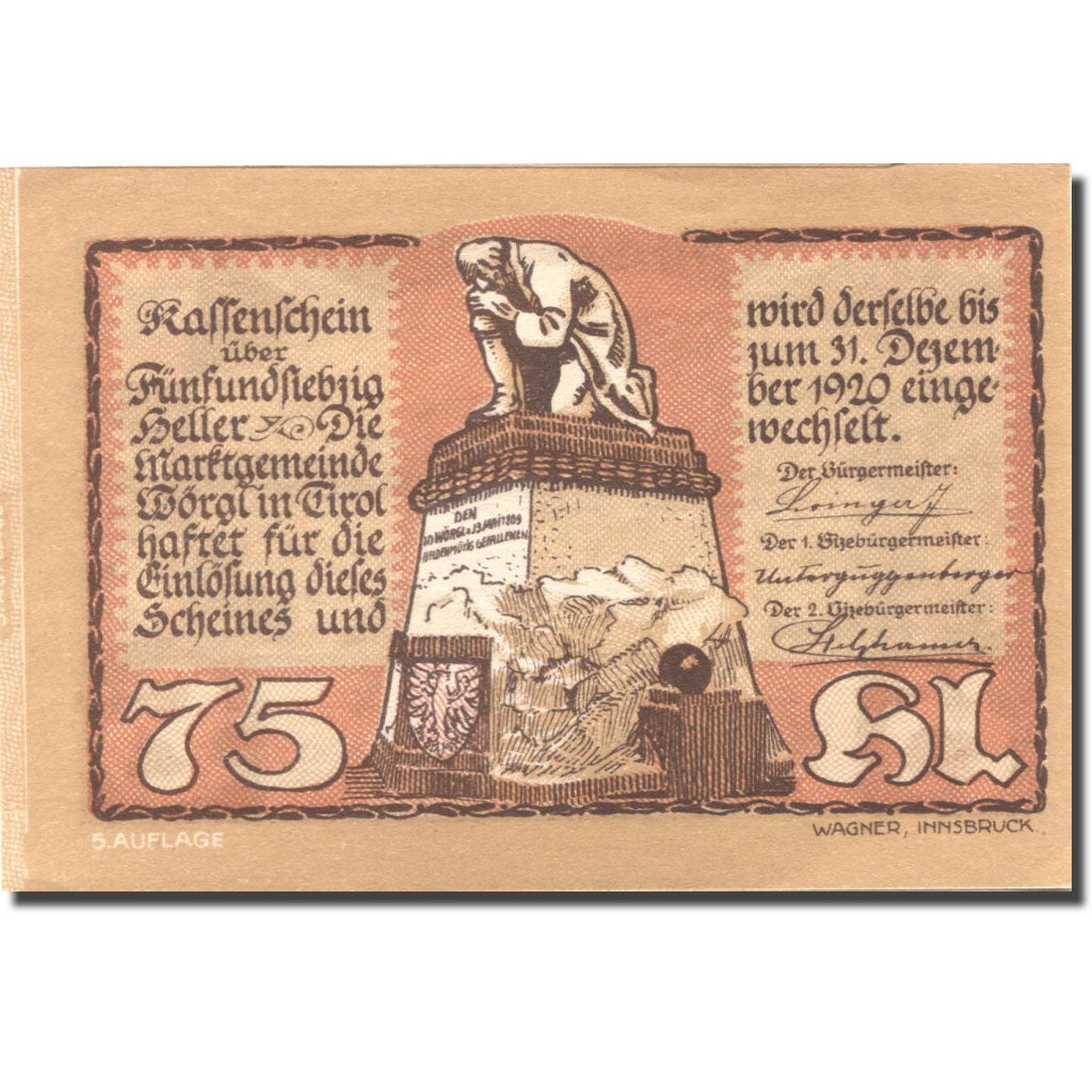 Banknote, Austria, Wörgl, 75 Heller, montagne, 1920 UNC(63) Mehl:FS 1252a