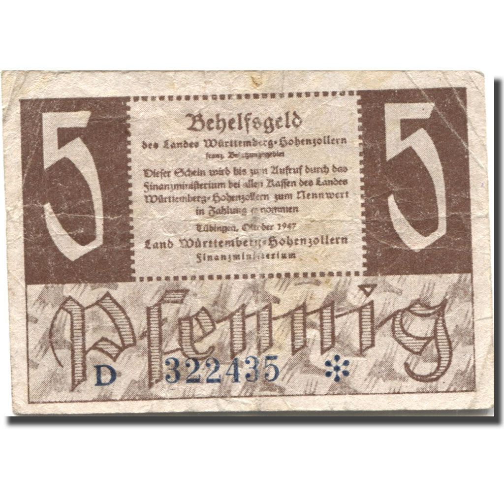 Billet, Allemagne, Hohenzollern, 5 Pfennig, château, 1947, TB, Mehl:FS 1008