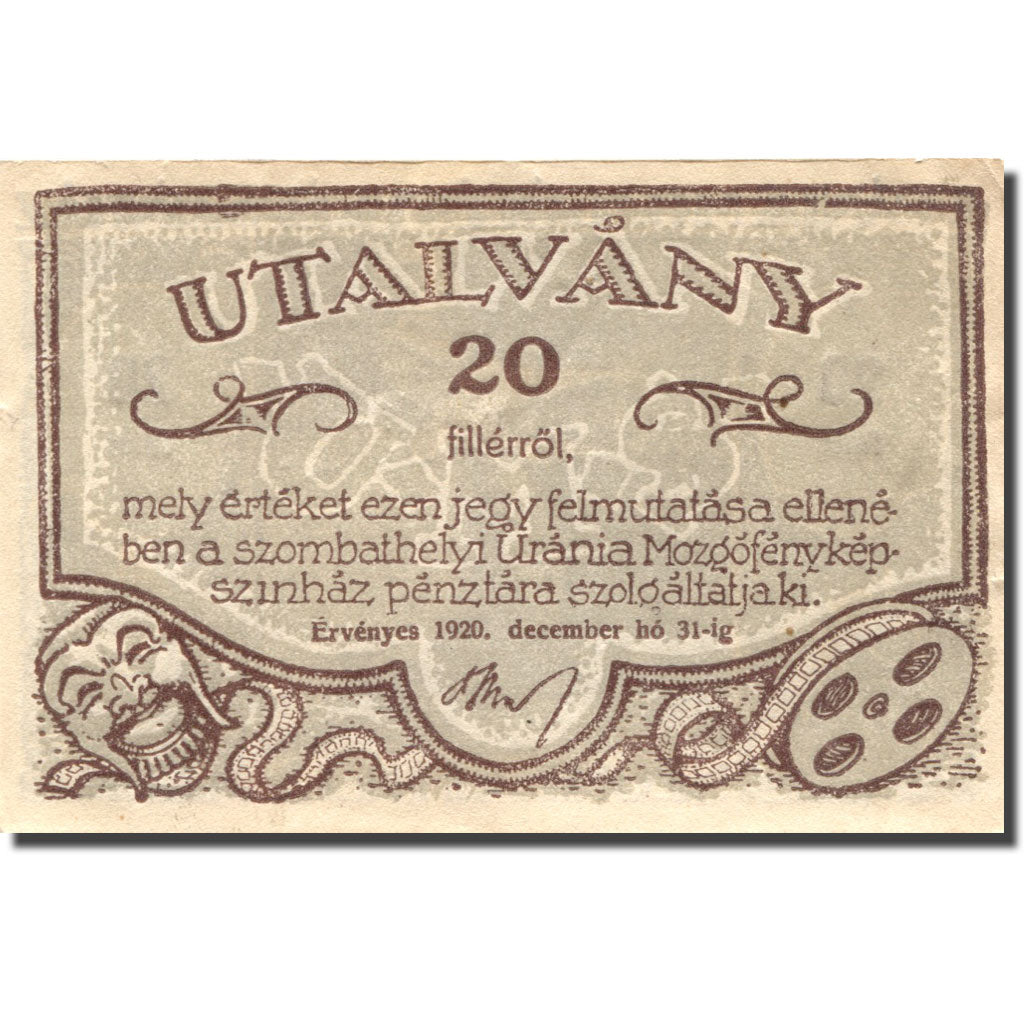 Nota, Hungria, Szombathely, 20 Fillér, personnage, 1920 UNC(63) Mehl:FS SZO-7.6