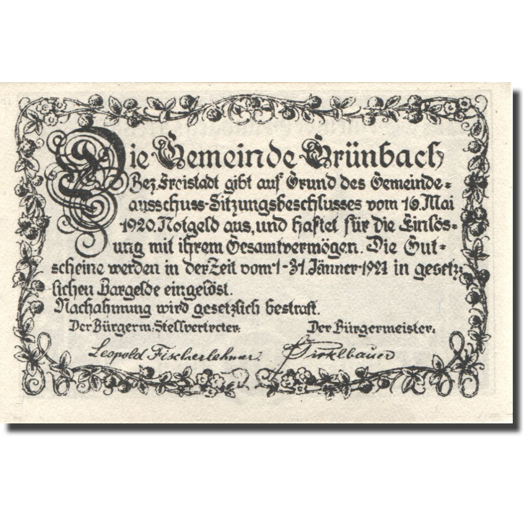 Banknote, Austria, Grünbach, 50 Heller, Eglise, 1921 UNC(63) Mehl:FS 611