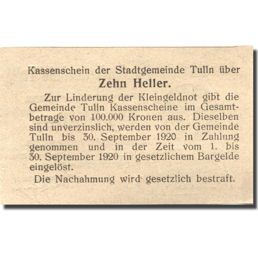 Banknote, Austria, Tulln, 10 Heller, valeur faciale, 1920 UNC(63) Mehl:FS 1083I