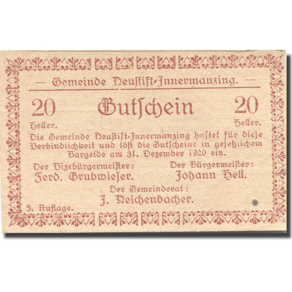 Banknote Austria Innermanzing 20Heller, face value 1, 1920 UNC(63) Mehl:FS 668c