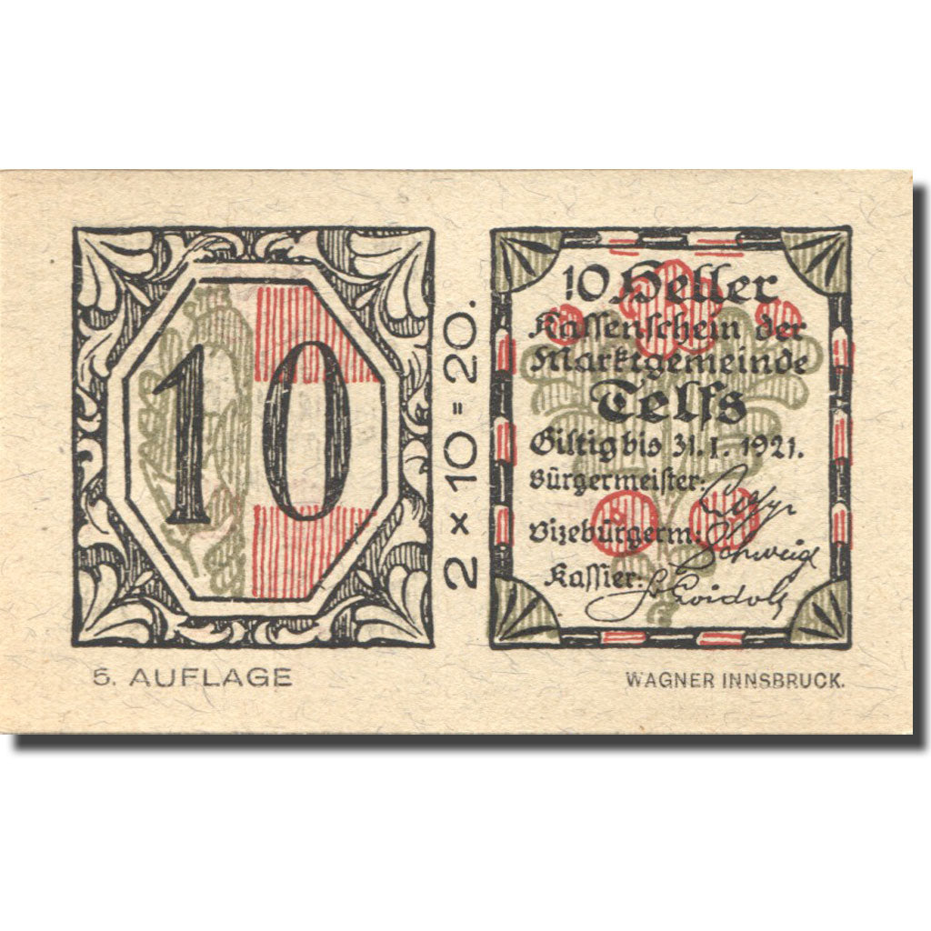 Billet, Autriche, Telfs, 10 Heller, valeur faciale 1, 1921 SPL Mehl:FS 1061a