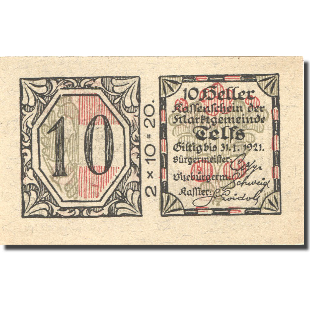 Billet, Autriche, Telfs, 10 Heller, valeur faciale 1, 1921 SPL Mehl:FS 1061a