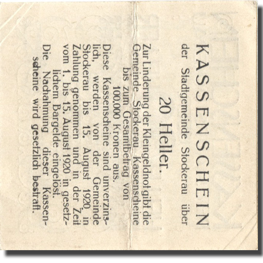 Banknote, Austria, Stockerau, 20 Heller, Blason, 1920 EF(40-45) Mehl:FS 1038