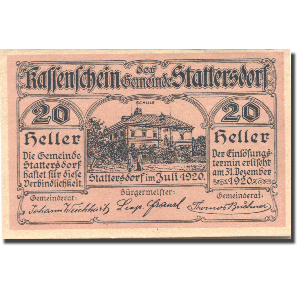 Biljet, Oostenrijk, Stattersdorf, 20 Heller, école, 1920 SPL Mehl:FS 927