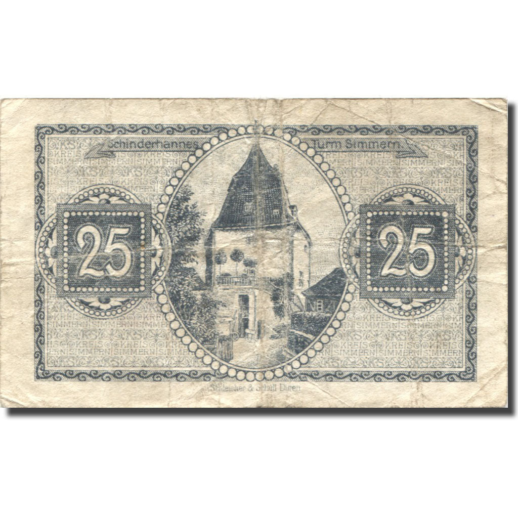Banknote, Germany, Simmern, 25 Pfennig, Ecusson, 1919 VF(20-25) Mehl:S 78.2b