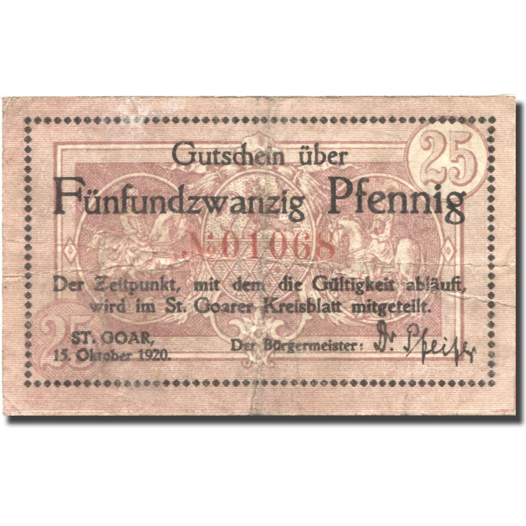 Banknote, Germany, St Goar, 25 Pfennig, chevalier, 1920 VF(20-25) Mehl:S 12.1b