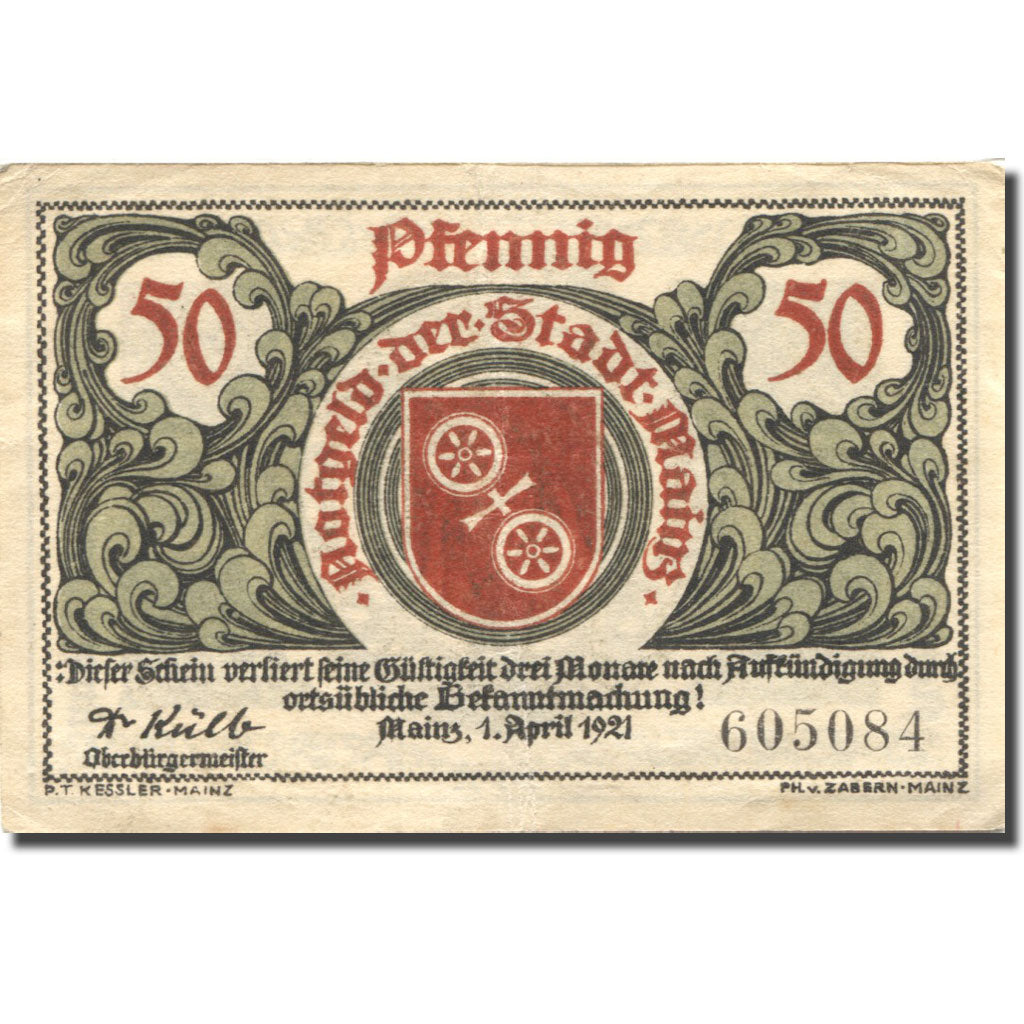 Banknote, Germany, Mainz, 50 Pfennig, aigle, 1921 EF(40-45) Mehl: 860.2a
