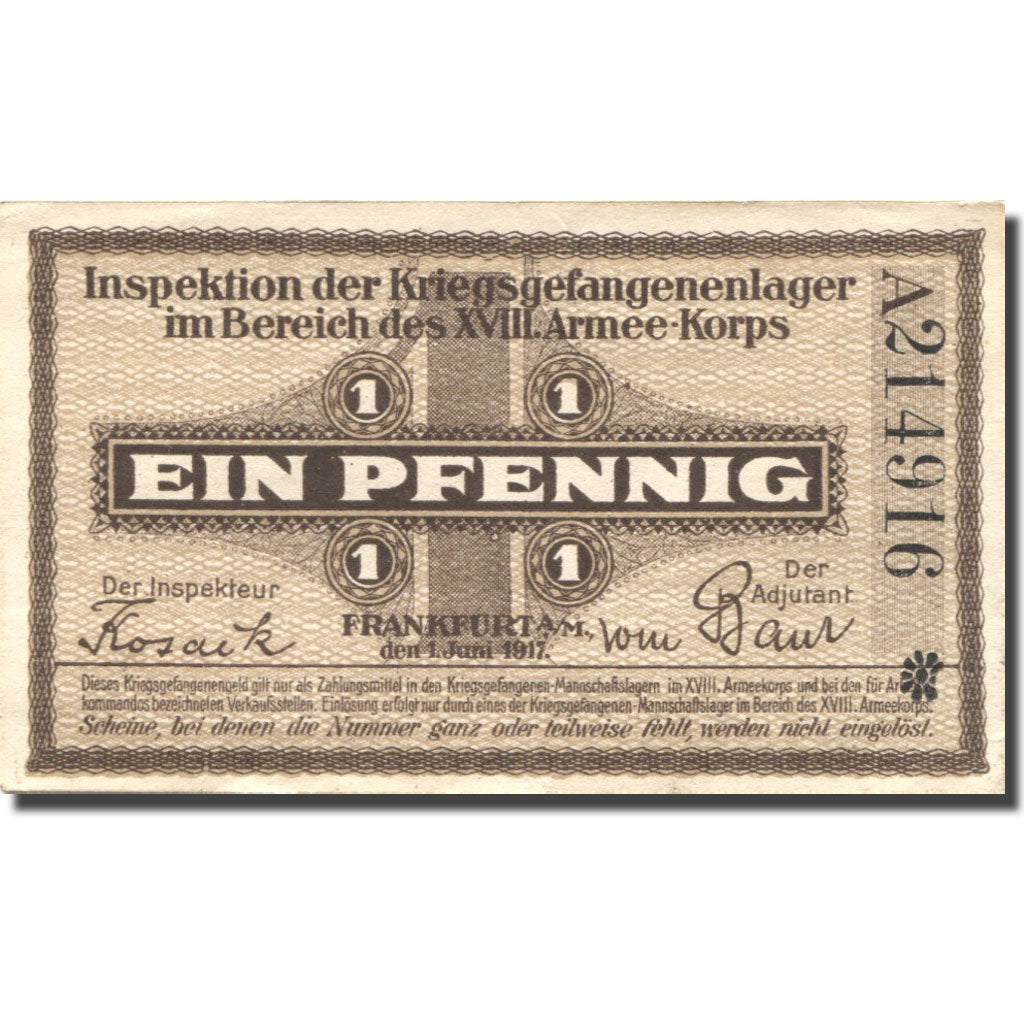 Banknote, Germany, Frankfurt, 1 Pfennig, face value 1917 AU(55-58) Mehl:B 25.1